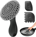 SUBEKYU Cast Iron Scrubber with Silicone Handle, Stainless Steel Skillet Cleaner for Cast Iron Pans (Black Scrubber + Scraper)
