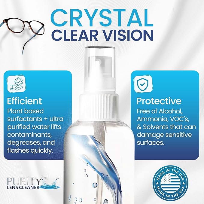 Purity Eyeglass Lens Cleaner Spray Kit - 3 x 8oz Lens Cleaner Spray Bottle + 2 Microfiber Cloth for Cleaning - Safe for All Lenses (AR Coated Included), Eyeglasses and Screens