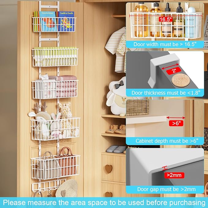 Adjustable Over The Door Organizer, Metal Hanging Door Organizer with 5 Wire Basket 7 Hooks, Wall Mounted Shelf for Pantry Closet Organization and Storage, White