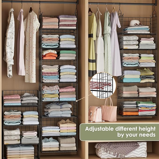 Hanging Closet Organizer and Storage - 8 Tier Closet Hanging Organizer Shelves, Metal & Foldable Hanging Storage Organizer Baskets with Adjustable Dividers for Clothing Sweaters Shoes Handbags