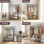 Clothes Rack, Double Rods Rolling Clothing Rack for Hanging Clothes Closet Rack with Wheels, Metal Portable Garment Rack with Double Shelves for Bedroom Laundry Living Room, Black
