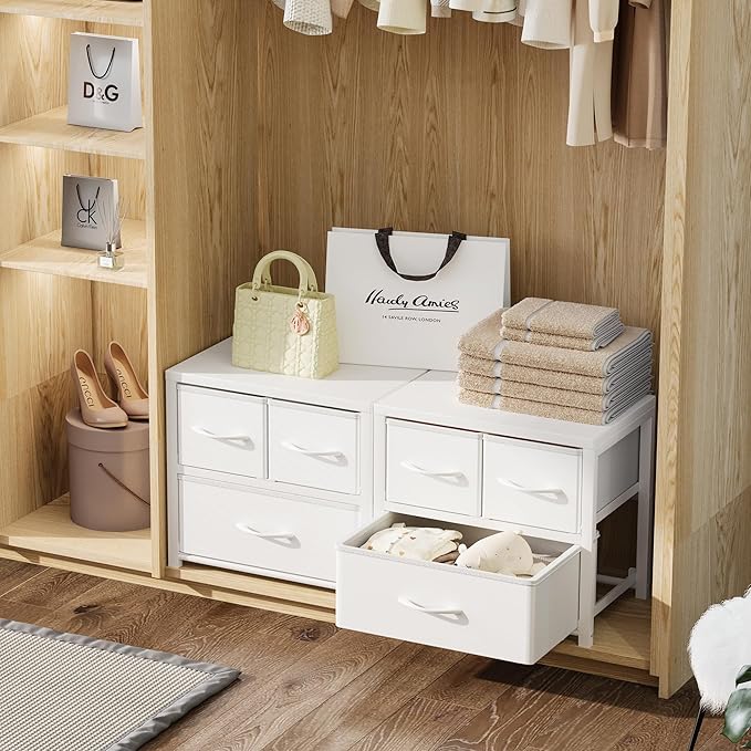 Homeiju Stackable 3-Drawer Fabric Dresser with Waterproof Wood Top – Closet Drawers & Storage Drawers for Bedroom, Modern Metal Frame Design (2 Tier-1 Pack)