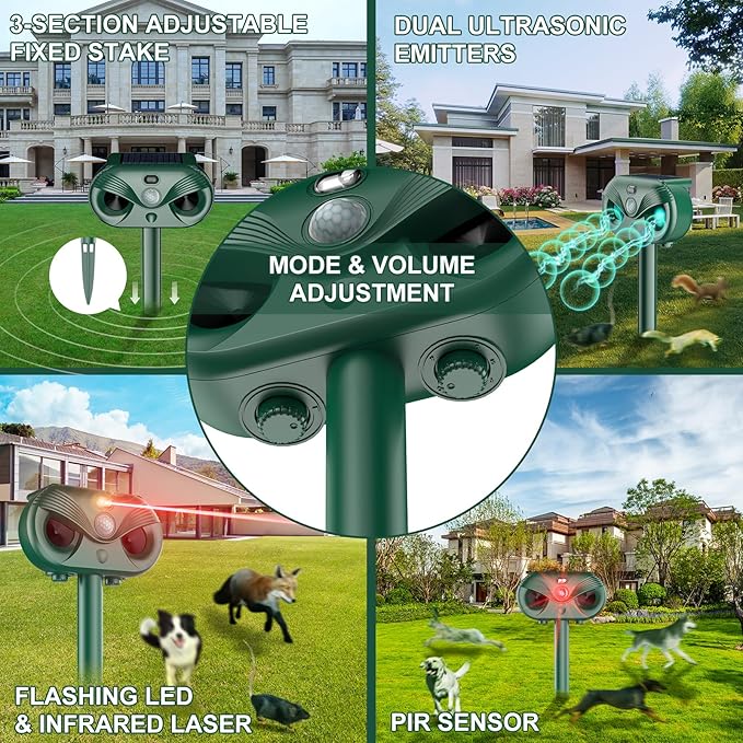 Ultrasonic Solar Animal Repeller, 2025 Upgrade Waterproof Outdoor Solar Powered Groundhog Repeller Gopher Deterrent Chaser Spike to Repell Burrowing Vole Repellent,Rodents for Lawn, Yard