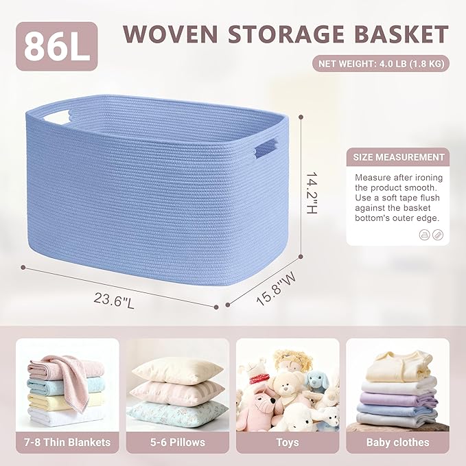 86L Large Baby Girls Laundry Basket for Nursery Storage,Cute Woven cotton Rope Baskets for Kids Toy，Gifts, Boho Square Wicker Blanket hamper for Living Room,Bedroom Dirty Clothes,Blue Purple