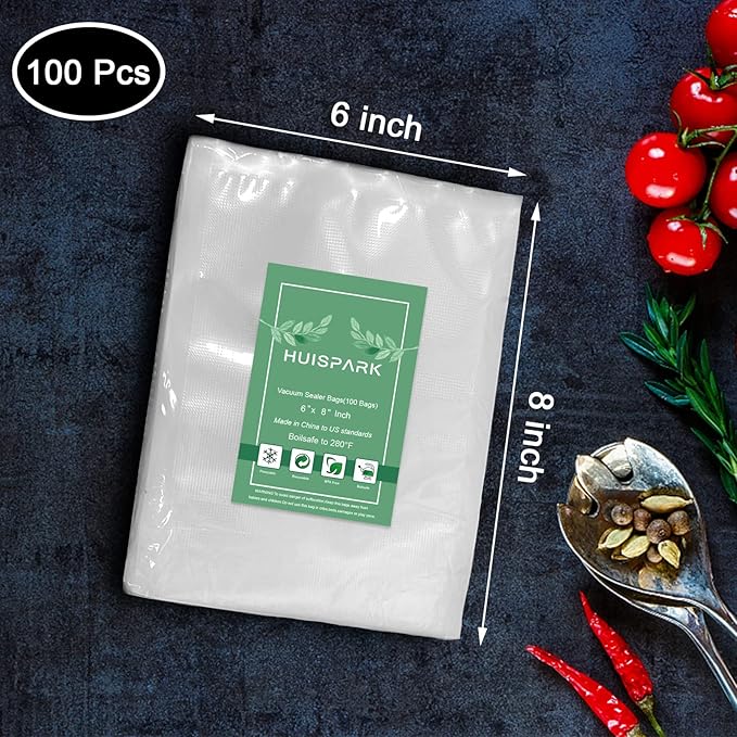 Vacuum Sealer Bags Heavy Duty Pre-Cut Design Commercial Grade Food Sealable 6x8 inch 100pcs for Heat Seal Food Storage, Smell Proof Bags Boilsafe to 280°F Freezable