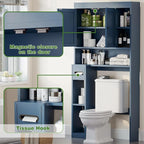 Over The Toilet Storage Cabinet with 7 Shelves, Imitation Walnut Grain Above Toilet Bathroom Organizer with Toilet Paper Holder Stand, Space Saver for Restroom, Laundry, Bathroom (Navy Blue)