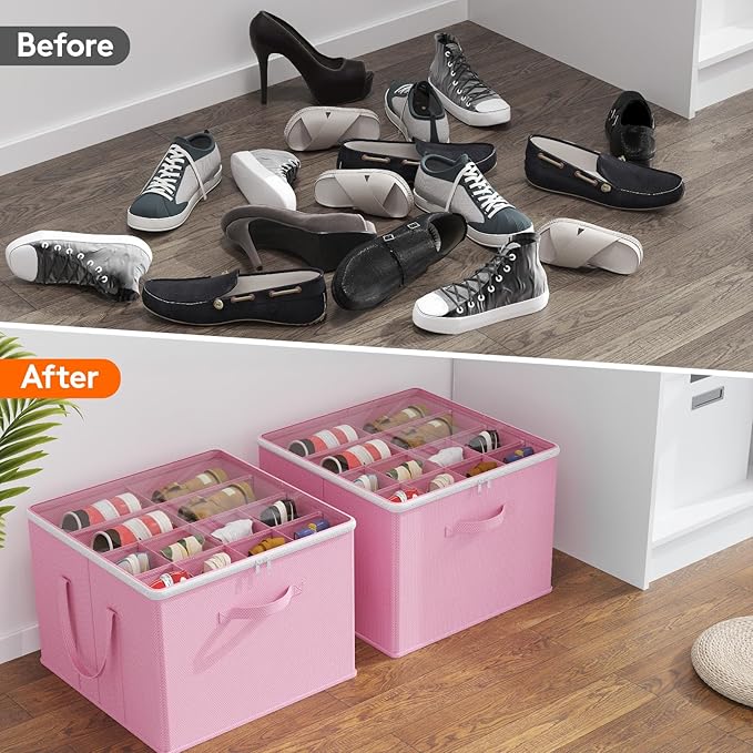Lifewit 4 Pack Shoe Storage Organizer for Closet, Large Shoe Box Storage Containers with Clear Cover, Foldable Storage Bins Fit for Boots Fits 48-64 Pairs (Each 12-16 Pairs) Pink