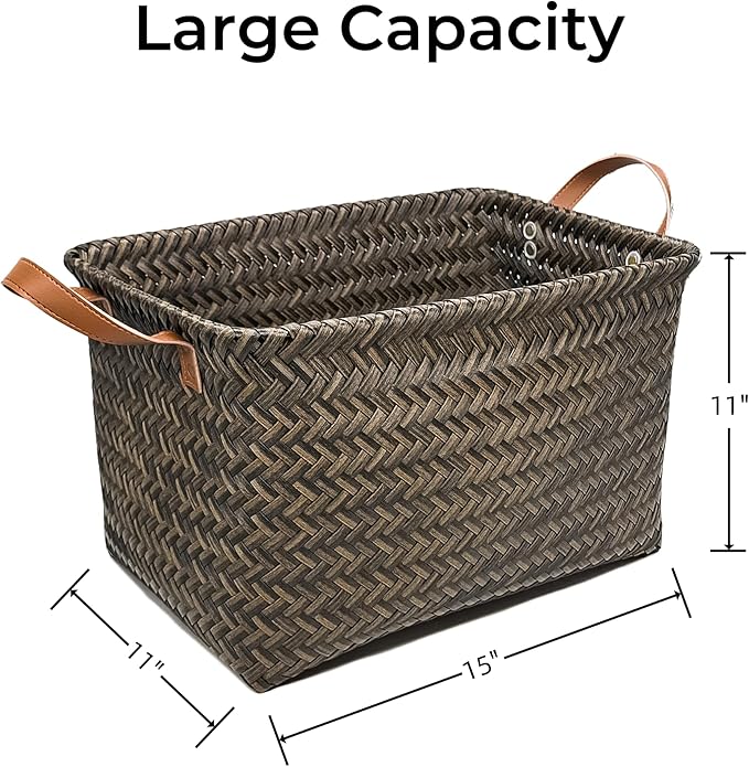 GIB Large Wicker Storage Baskets for Shelves, Woven Laundry Basket for Organizing Clothes Blanket Basket, Decorative Rectangular Closet Organizers Storage Bins with Handles, Black/Dark Gray, 4 Pack