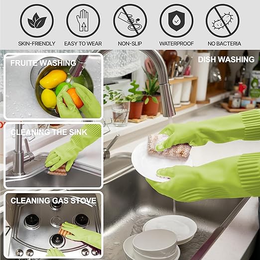 Reusable Waterproof Household Dishwashing Cleaning Rubber Gloves, Non-Slip Kitchen Glove (Green, Medium (Pack of 3))