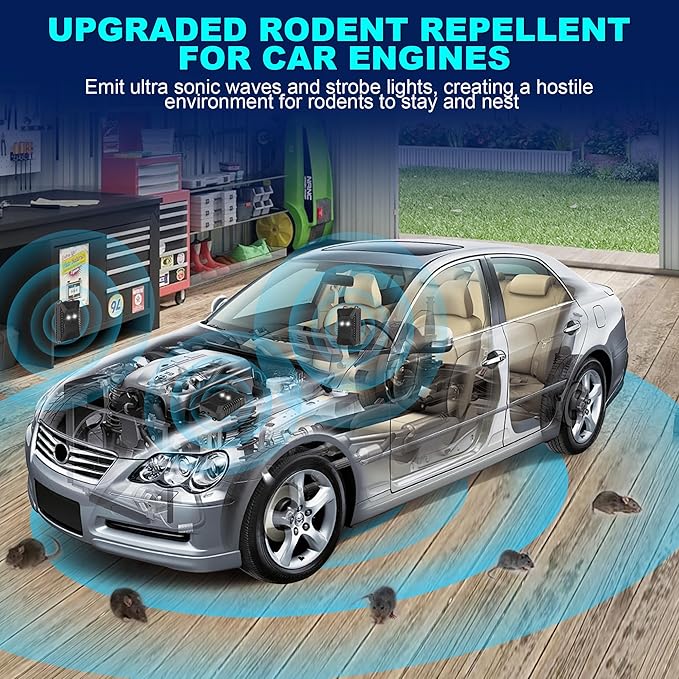 2 Pack Ultrasonic Rodent Repellent for Car Engines - Battery Operated Car Mouse Repellent Under Hood with Strobe Light, Keep Mice Away from Car Engines, Room, Indoors, Outdoors