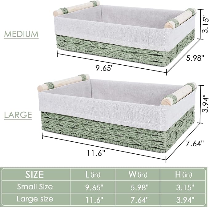 Wicker Storage Basket with Wooden Handle – Paper Rope Decorative Toilet Paper Baskets & Bathroom Organizer for Toilet Tank Top, Shelves, Bedroom, Countertop,Home,Office Storage Bins, 2 Pack,Sage Green