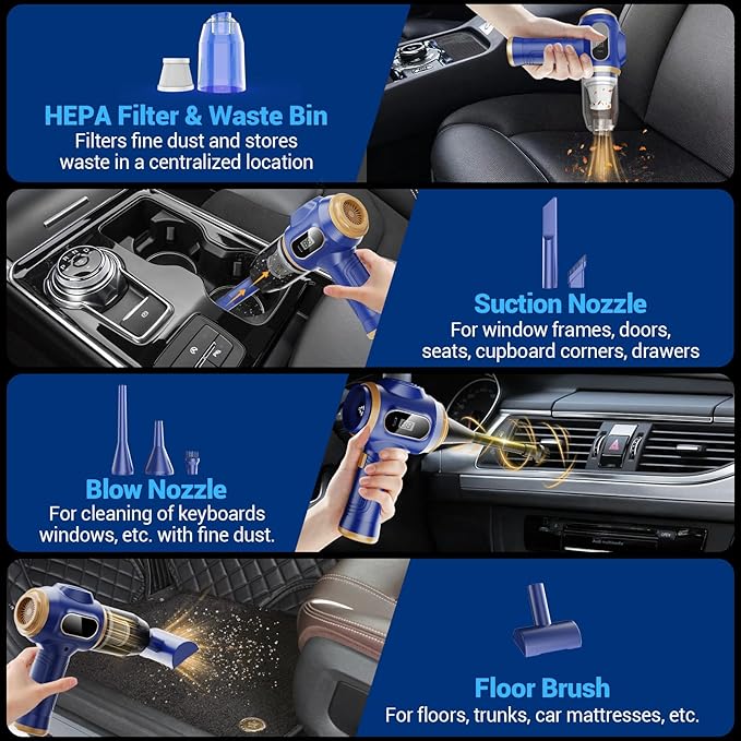 Car Vacuum Portable Cordless 17000Pa Cordless Mini Handheld Vacuums with LCD Display and Multi-Nozzles, High Power Wet and Dry for Car, Home, Office, Pet, Compact and Portable Design