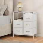 Furnulem 5 Drawer White Dressers for Bedroom 2 Tier Shelf Storage Small Fabric Dresser for Closet Sturdy Metal Frame Modern Style Storage Cabinets Organization Units for Hallway Rooms