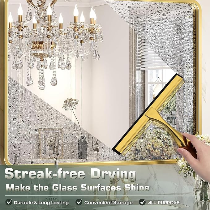 Stainless Steel Shower Squeegee for Glass Door with 3 Adhesive Hook, Glass Cleaning Squeegee for Bathroom & Household Window, Mirrors, Tiles and Car, Clear 10 Inches Golden