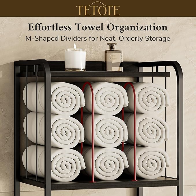 TETOTE 5-Tier Towel Storage for Bathroom Free Standing Towel Rack with M-Shaped Detachable Dividers& Hooks, Pool Towel Organizer Shelf Black