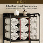 TETOTE 5-Tier Towel Storage for Bathroom Free Standing Towel Rack with M-Shaped Detachable Dividers& Hooks, Pool Towel Organizer Shelf Black