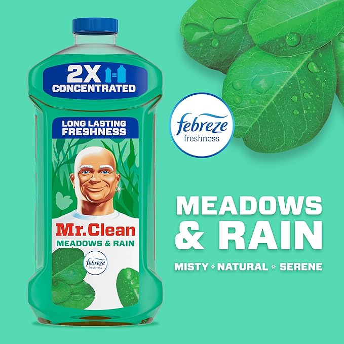 Mr. Clean All Purpose Cleaner, Floor Cleaner for Mopping Home, Bathroom, & Kitchen, Cleaning Liquid for Mop & Bucket, Cleaning Supplies, Dilutable, Meadows & Rain, 41oz (Pack of 4)