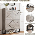 Nicetree Shoe Storage Cabinet with 2 Flip Drawers, Freestanding Shoe Organizer, Shoe Cabinet with Metal Legs, Narrow Shoe Rack Cabinet, Farmhouse Slim Shoe Cabinet for Entryway, Hallway, Rustic Gray