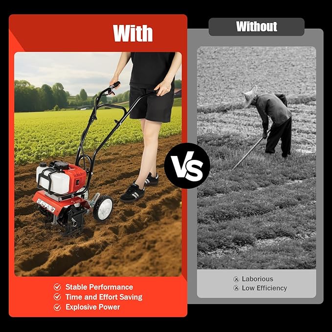 52cc 2 Stroke Gas Mini Tiller Cultivator, 1700W Garden Tiller with Widened Mud Flap and 4 Steel Tines, Gas Powered Garden Tiller Cultivator for Garden, Lawn, Soil Cultivation, 6500-7000RPM