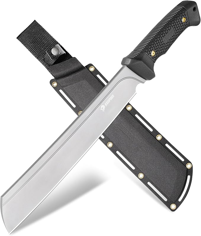 NedFoss 16" Survival Machete with Sheath, D2 Steel 0.22" Thick Full Tang Blade Machete Knife with Flat Grinding, Machete for Cutting Trees, for Yard Work, Clearing Brush with TPE Handle