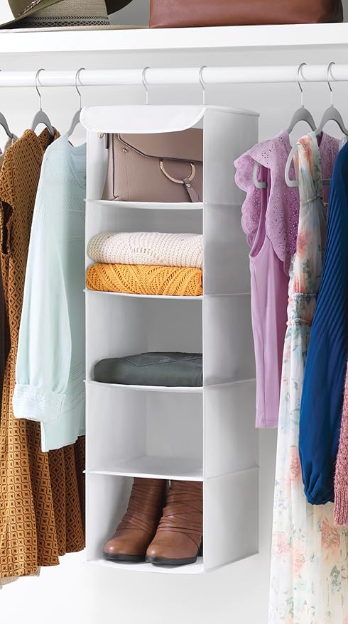 Whitmor 5 Section Closet Organizer - Hanging Shelves with Sturdy Metal Frame, White