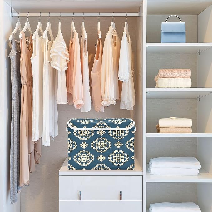 senya Large Storage Bins with Linen Collapsible Foldable Storage Cubes Fabric Closet Organizer Containers box with Flip-Top Lid for Home Bedroom Office 16.7 x 12.6 x 11.8in (Pattern Flower)