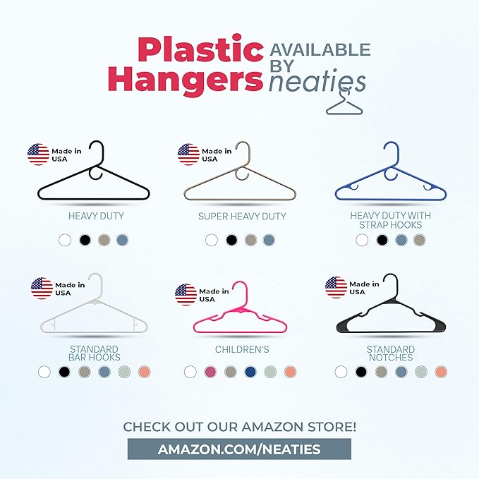 Neaties Plastic Hangers 45 Pack – Made in The USA – 6lb Capacity Standard Clothes Hangers with Strap Hooks for Dresses, Lingerie, Shirts, Pants, and Jackets – Pink