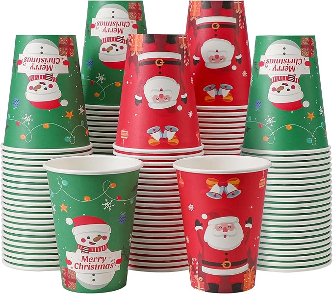 Lamosi 100 Pack Christmas Paper Cups 12 oz, Disposable Coffee Cups Hot/Cold Beverage for Holiday, Party, Cafe, Restaurant, Office and Home