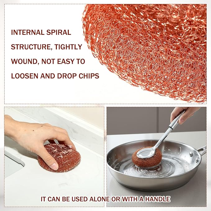 5 Pcs Copper Coated Scourers Copper Scrubbing Pads Scouring Pads 1 PC Steel Wool Scrubber Dish Brush Set with Handle Deep Cleaning Scrubber Silver for Kitchen Cleaning Dishes Pots Pans