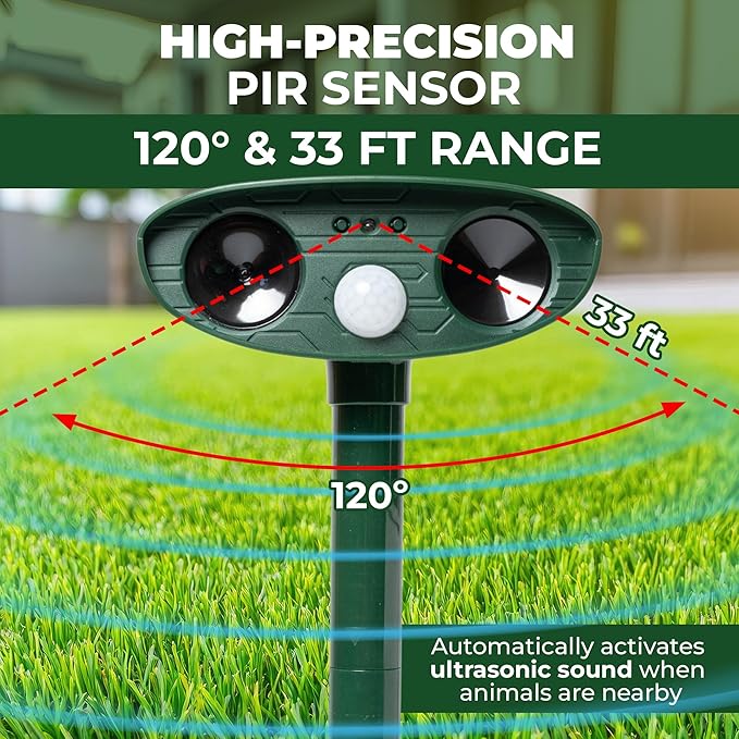 Solar Ultrasonic Animal Repeller Pack 2PCS | 120° Motion Sensor Up to 33ft Range | Waterproof Outdoor Deterrent for Garden & Yard | Deer, Cat, Dog & Raccoon Repellent | Solar Powered Pest