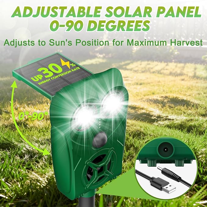 Solar-Powered Ultrasonic Animal Repellent with Motion Sensor, Waterproof Deer Repellent Device with Visual Indicator for Outdoor Yards, Garden, Effective to Repel Deer, Coyotes, Raccoons, and Cats