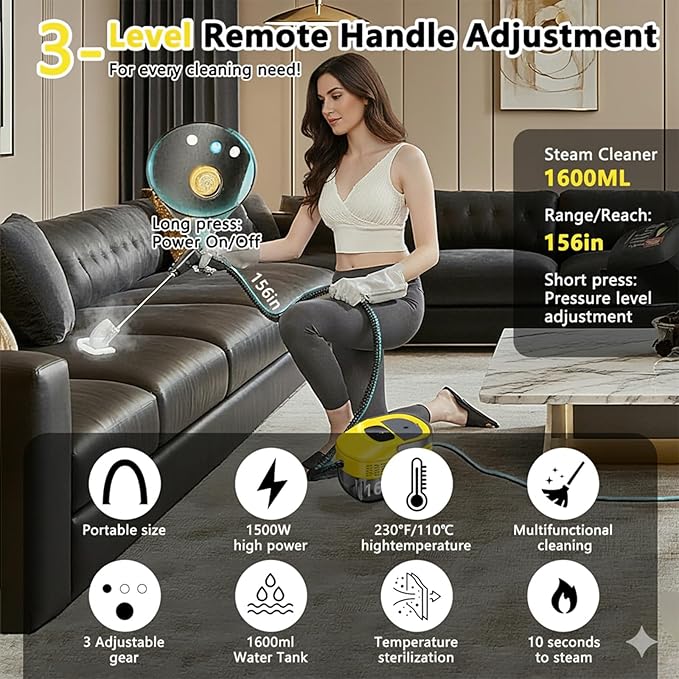 2026 New 3 Level Adjustable Pressurized Handheld Steam Cleaner for Home, 10s Heat-Up Handheld Steamer for Cleaning, 1.6 Qt Tank Portable Steam Cleaner Handheld for Car,Grout,Tile,Couch,Floor