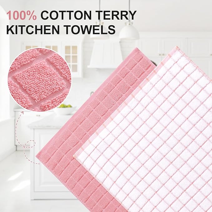 Homaxy Premium Cotton Kitchen Towels 16"x 28", Large Natural Ring Spun 390 GSM Dish Towels, Super Absorbent Terry Kitchen Hand Towels, Soft Tea Towel with Hanging Loop, Pink Check Design, 6 Pack