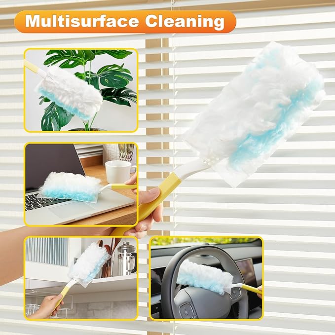 JOYMOOP Disposable Electrostatic Duster for Cleaning, with 1 Handles & 12 Ct Blue Heavy Duty Refills for Swiffer Feather Duster, Household Cleaning Tool for Electronics, Dusting Furniture, Blinds