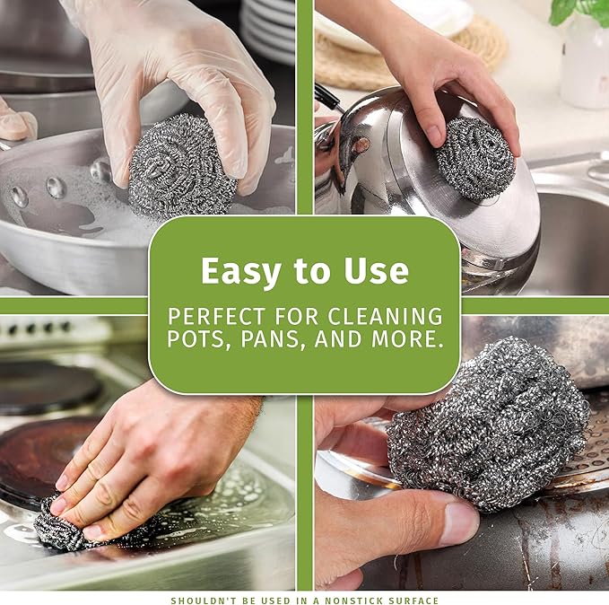 Brheez Stainless Steel Cleaner Scouring Pads [12 Pack] - Industrial & Commercial Strength Large Cleaning Supplies Dish Sponge - Individually Wrapped 50 Gram