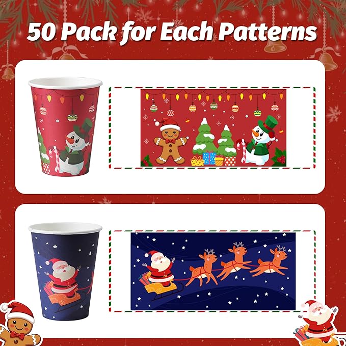 100 Pack 12 oz Christmas Coffee Cups with Lids, Disposable Paper Coffee Cups for Hot/Cold Drinks Office Home Shop Event (Two Colors)