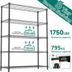 M MZG 1750LBS 47.2" W 5 Tiers Shelf Steel Storage Shelves Shelving Unit Steel Organizer Wire Rack for Home,Kitchen,Office,Garage Black 17.7" D x 47.2" W x 72.4" H