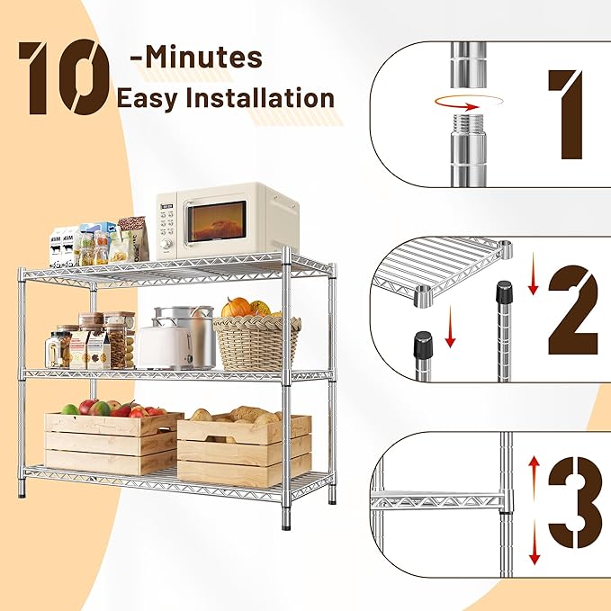3- Shelf Metal Shelving Unit 35.6Wx14Dx36H,Adjustable Storage Shelves Heavy Duty Garage Steel Shelving for Office,Wire Rack Small Shelf for Kitchen Shelves Laundry Bathroom Pantry Closet,Chrome