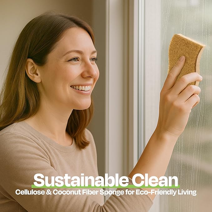 Natural Kitchen Sponges Pack of 12 - Biodegradable Compostable Cellulose & Coconut Scrubber Sponge with Non-Scratch - Long Lasting, Eco Friendly Sponges for Dishes, Heavy Duty Dish Scrubber