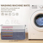 86L Extra Large Laundry Basket with Leather Handles for Living Room Storage, Woven Rope Baskets for Blanket, Kids Toy, Gifts, Wicker Hamper for Bedroom Dirty Clothes, 24"x16"x14" Denim Blue