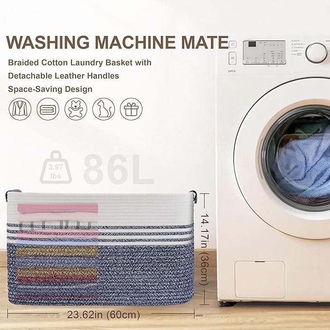 86L Extra Large Laundry Basket with Leather Handles for Living Room Storage, Woven Rope Baskets for Blanket, Kids Toy, Gifts, Wicker Hamper for Bedroom Dirty Clothes, 24"x16"x14" Denim Blue