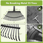 INFLATION Heavy Duty Garden Rake for Leaves for Lawns 65” Length 18” Width Adjustable 25 Tines Sturdy Metal Yard Gardening Leaf Rakes for Women Men with Smooth Comfortable Long Handle