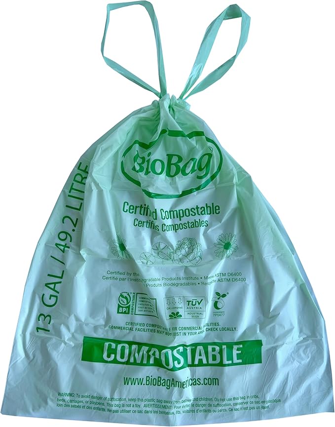 13 Gallon Compostable Drawstring Trash Bags by BioBag, 40 Count, BPI Certified, Meets ASTM D6400 Standards, Easy-Tie Kitchen Liners