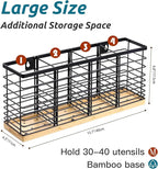 Suli Extra Large Kitchen Utensil Holder Countertop with 4 Compartments,Matte Black Metal holder with Wooden Base for Countertop,Farmhouse Utensil Organizer for counter,Rustic Cooking Utensil Organizer