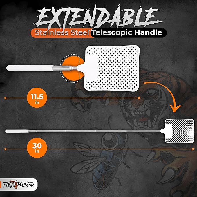 5-Pack Heavy Duty Fly Swatters – Indoor Manual Bug Swatter Set with Long Reach Handle – Stealthy, Durable and Compact Design for Home Use (White)