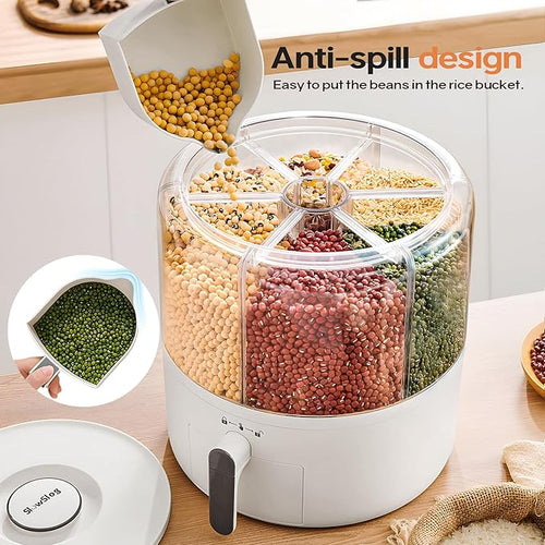 16lb Grain and Rice Storage Container, 6 Grid Rotating Dispenser, Airtight Rice Storage