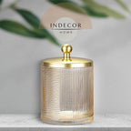 Tan Colored Tranlucent Apothecary Ribbed Geometric Etched Glass Jar W/Gold Metal Lid Cover for Bathroom Organization, Cotton Balls, Q Tips, and Small Accessories, Bathroom Storage