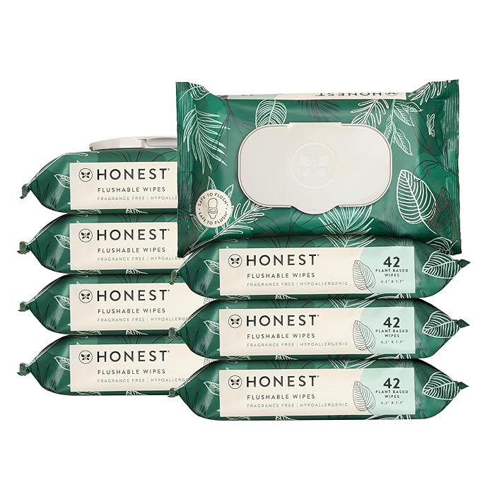 The Honest Company Flushable Wipes for Sensitive Skin | Fragrance Free, Hypoallergenic, 99% Water, Safe to Flush | pH Balanced Feminine Wipes | Tropical Leaves, 336 Count