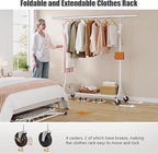 Gewudraw Heavy Duty Clothes Rack, 530 lbs Load Capacity Metal Garment Rack on Wheels - Collapsible Adjustable Portable Storage with Hooks, White
