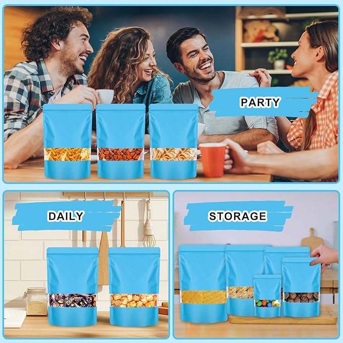 100PCS Mylar Bags for Food Storage, Smell Proof Bags Resealable Food Packaging for Small Business Stand Up Pouches with Window, 5.5" x7.9", Blue